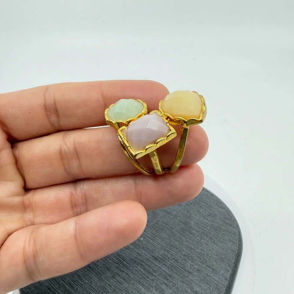 Gold Tone Pastel Pink Green Yellow Faceted Rhinestone Statement Ring Gift